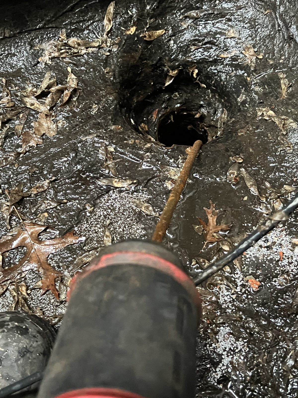 Drain cable feeding into an outdoor sewer cleanout in a New York City yard.